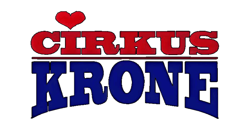 Et Cirkus Krone logo med hjerte. Blå og rød tekst på transperent baggrund.