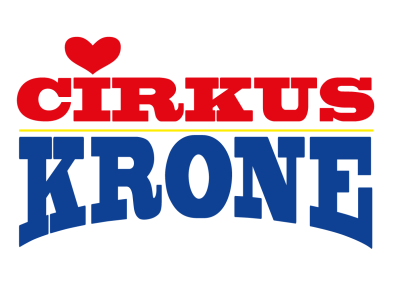 Cirkus Krone Logo med rød og blå tekst med et hjerte over ogstavet 'i' i 'cirkus'. Cirkus med hjertet.